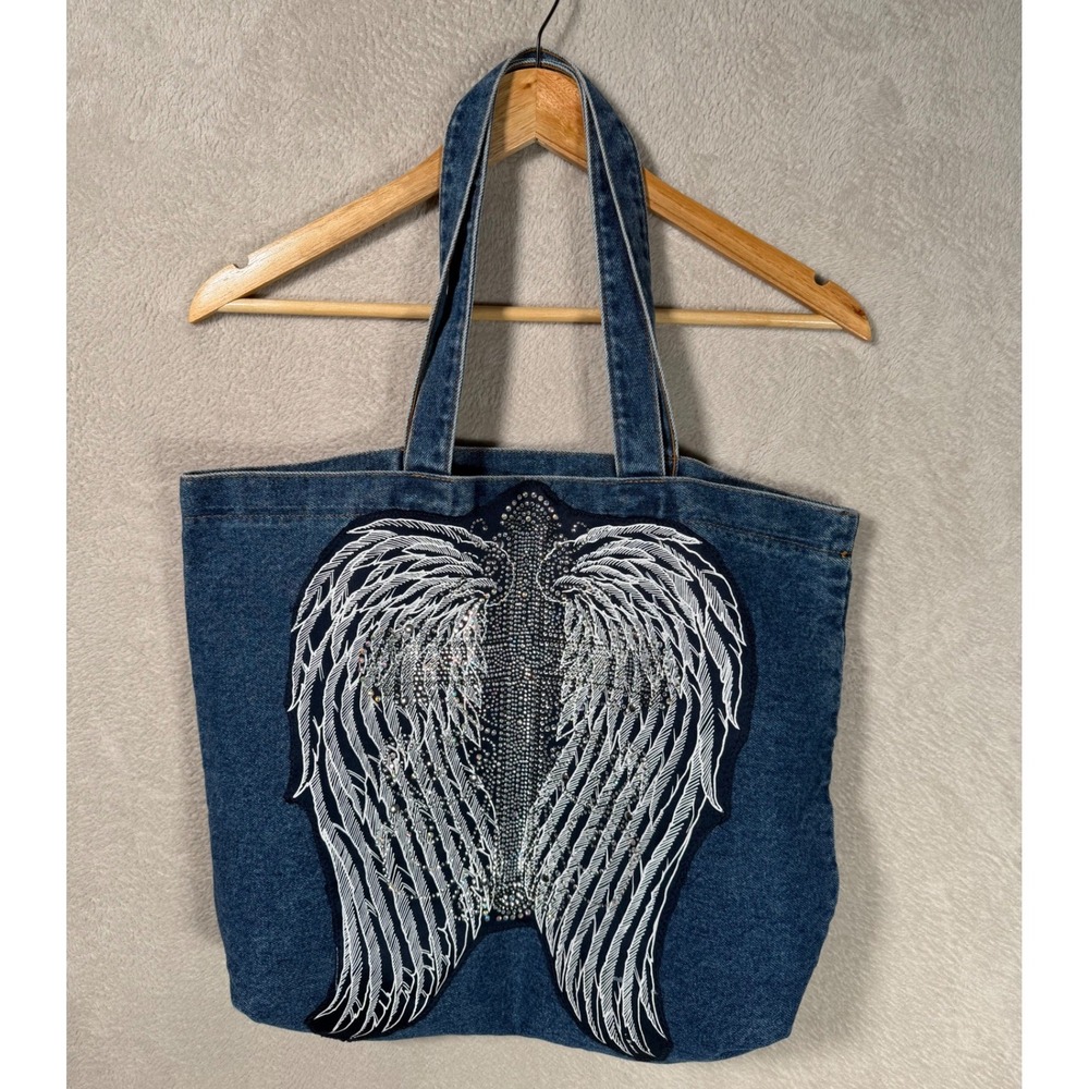 VTG Innovo Inc Denim Angel Wing Rhinestone Tote Bag Blue Y2K Made in Mexico
